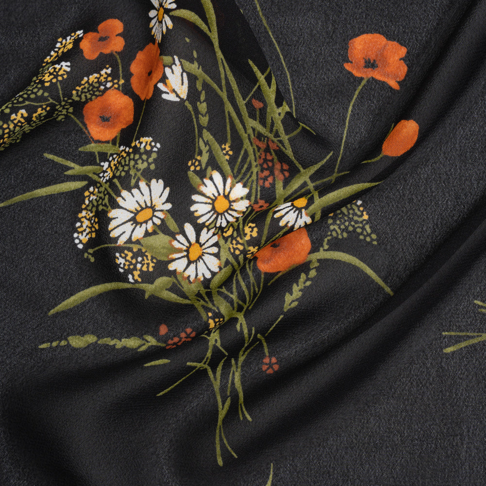 Viscose Georgette Print - Terracotta Orange, Black and Moss Green Wildflower Floral - Designer Deadstock