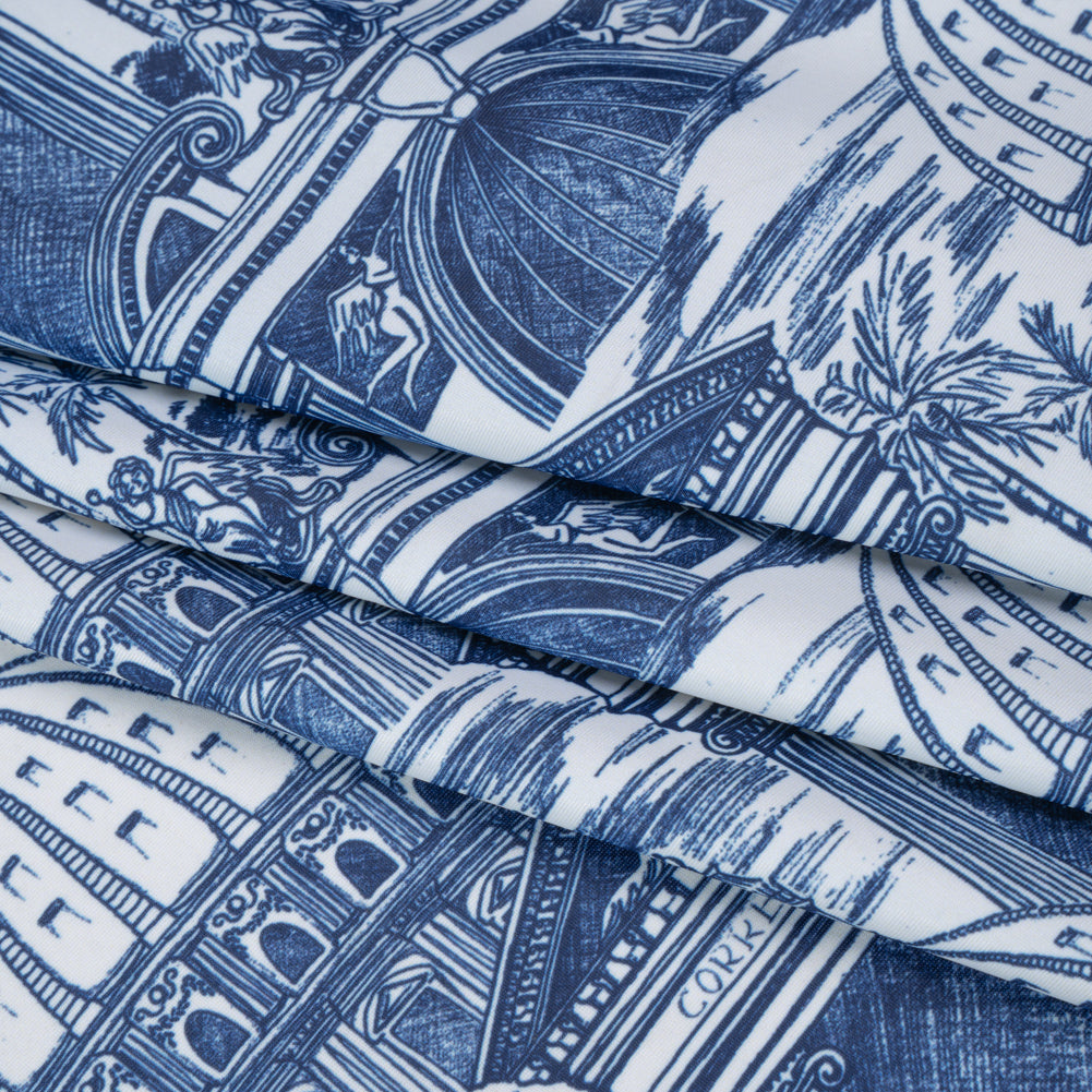 Stretch Econyl Nylon Jersey Print - Denim Blue and White Traditional Roman Architecture Illustration - Designer Deadstock - Folded