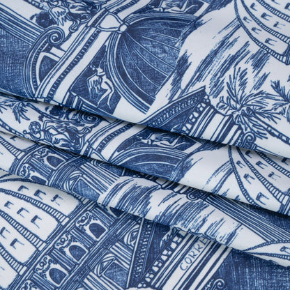 Stretch Econyl Nylon Jersey Print - Denim Blue and White Traditional Roman Architecture Illustration - Designer Deadstock