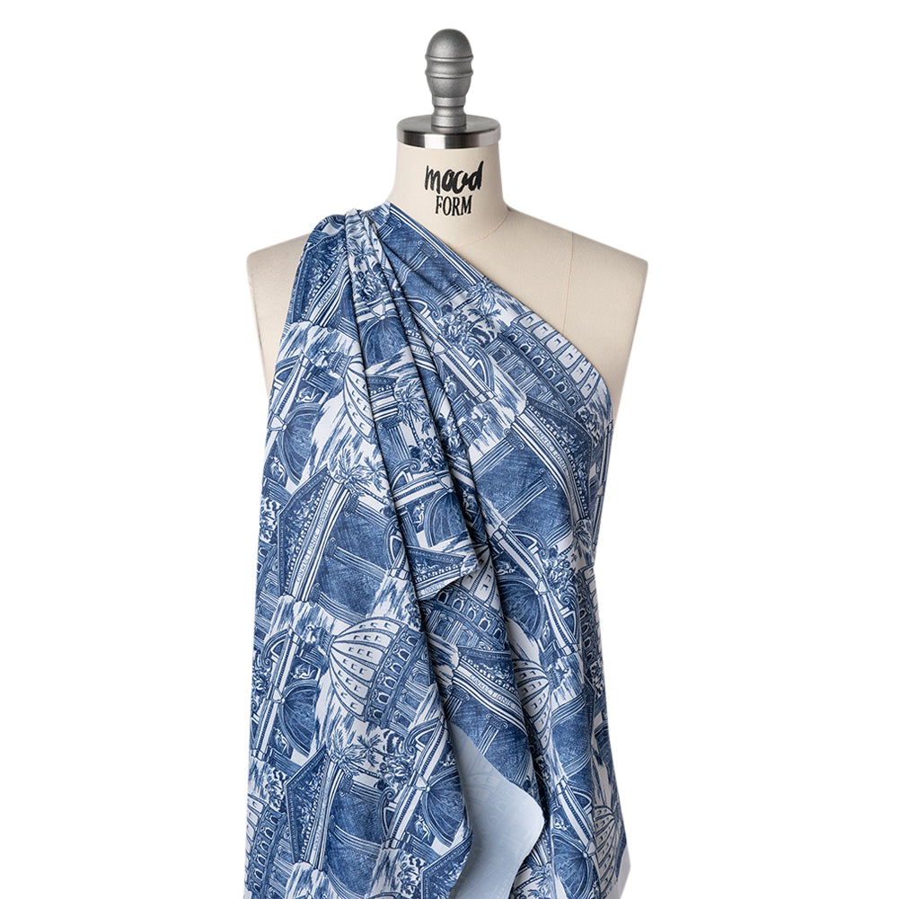 Stretch Econyl Nylon Jersey Print - Denim Blue and White Traditional Roman Architecture Illustration - Designer Deadstock - Drape
