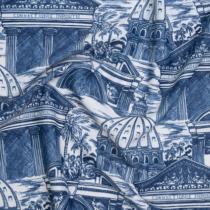 Stretch Econyl Nylon Jersey Print - Denim Blue and White Traditional Roman Architecture Illustration - Designer Deadstock
