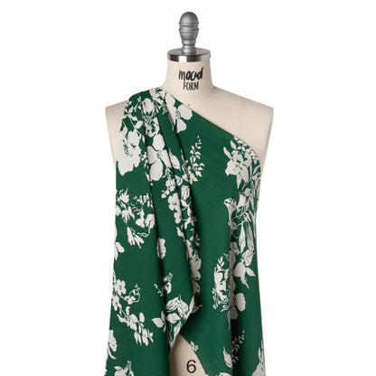 Sustainable Viscose Crepe Print - Dark Emerald Green Tropical Floral - Designer Deadstock