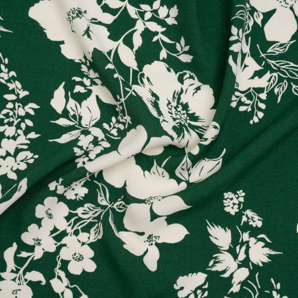 Sustainable Viscose Crepe Print - Dark Emerald Green Tropical Floral - Designer Deadstock