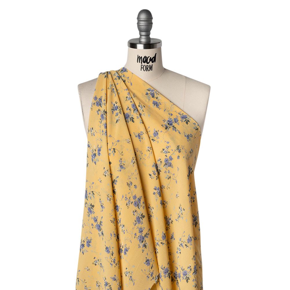 Viscose Georgette Print - Lilac Blue and Sunshine Yellow Floral - Designer Deadstock - Drape