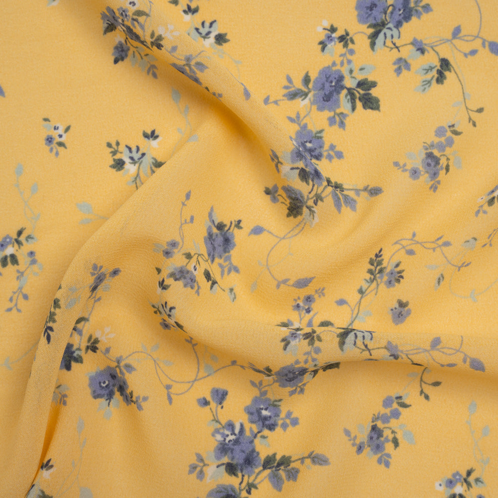 Viscose Georgette Print - Lilac Blue and Sunshine Yellow Floral - Designer Deadstock