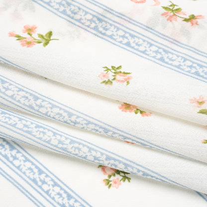 Viscose Georgette Print - Carnation Pink, Autumn Green and Powder Blue Floral and Stripes - Designer Deadstock