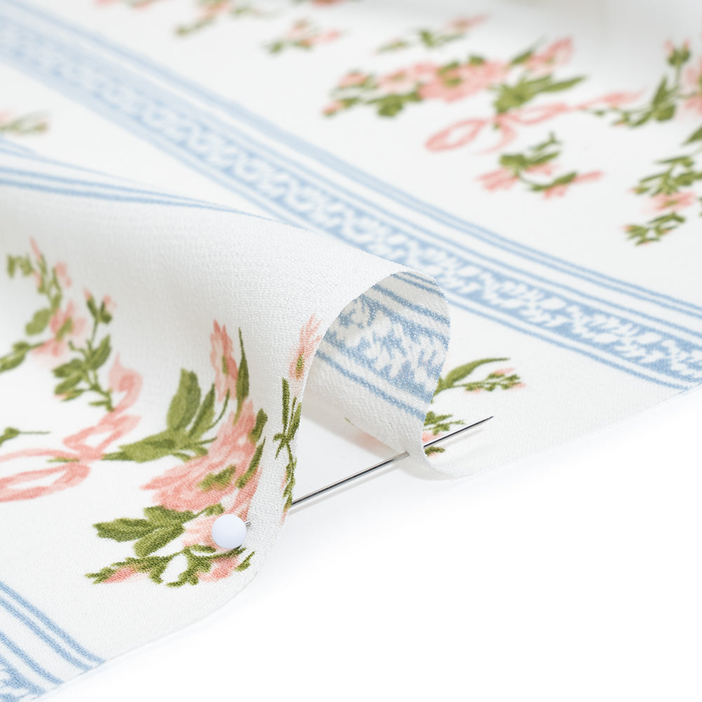 Viscose Georgette Print - Carnation Pink, Autumn Green and Powder Blue Floral and Stripes - Designer Deadstock - Detail