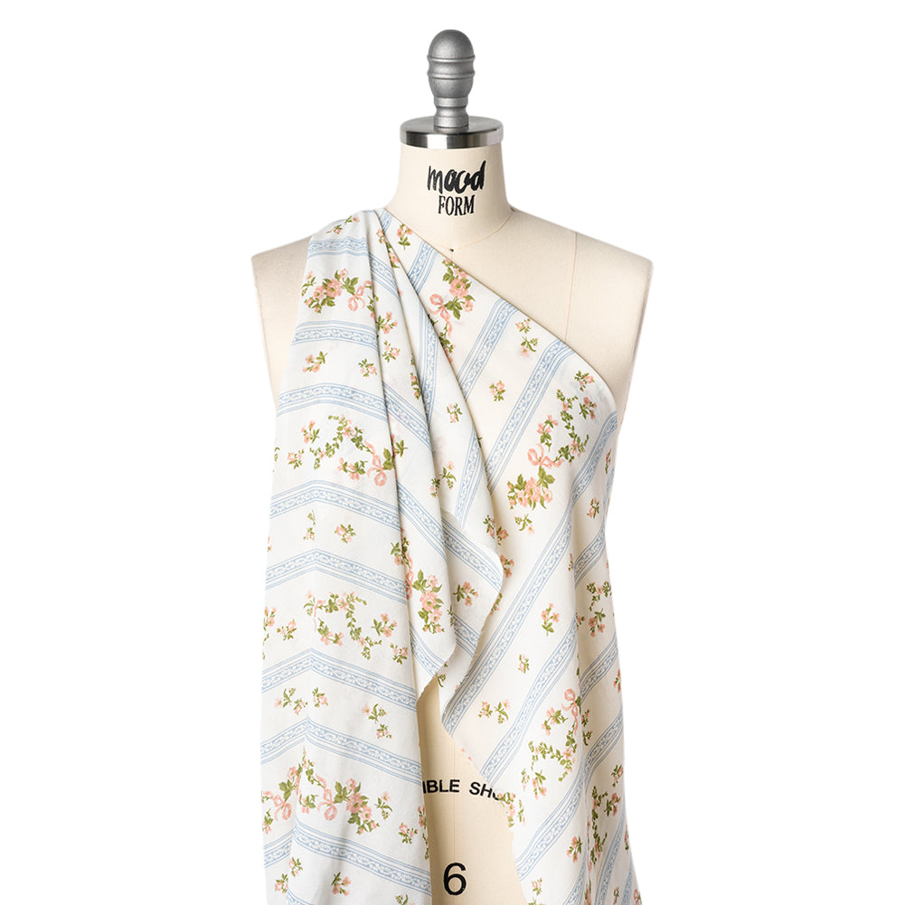 Viscose Georgette Print - Carnation Pink, Autumn Green and Powder Blue Floral and Stripes - Designer Deadstock - Drape