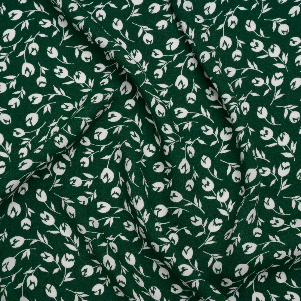 Sustainable Viscose Crepe Print - Forest Green and White Wispy Floral - Designer Deadstock
