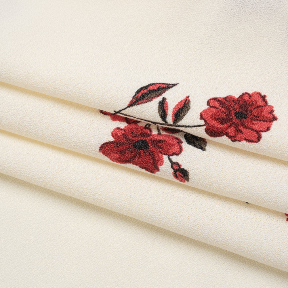 Sustainable Viscose Crepe Print - Scarlet Red and Cream Floral - Designer Deadstock - Folded