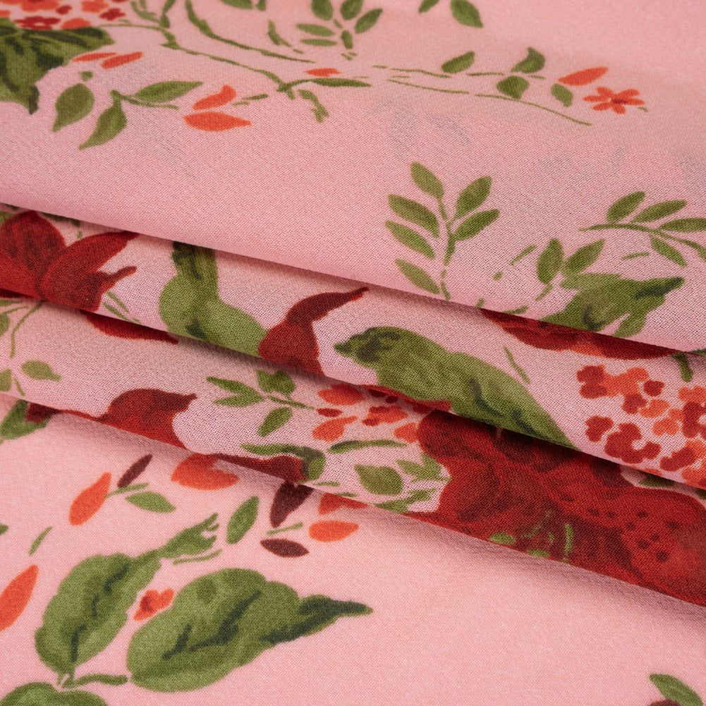 Viscose Georgette Print - Hot Pink, Deep Cherry Red and Moss Green Floral - Designer Deadstock - Folded
