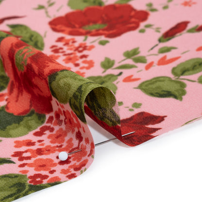 Viscose Georgette Print - Hot Pink, Deep Cherry Red and Moss Green Floral - Designer Deadstock