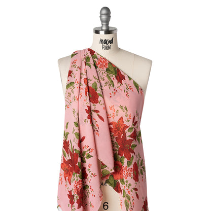 Viscose Georgette Print - Hot Pink, Deep Cherry Red and Moss Green Floral - Designer Deadstock