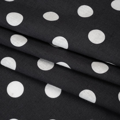 Linen and Cotton Woven Print - Black and Ivory Polka Dots - Famous Australian Designer Deadstock