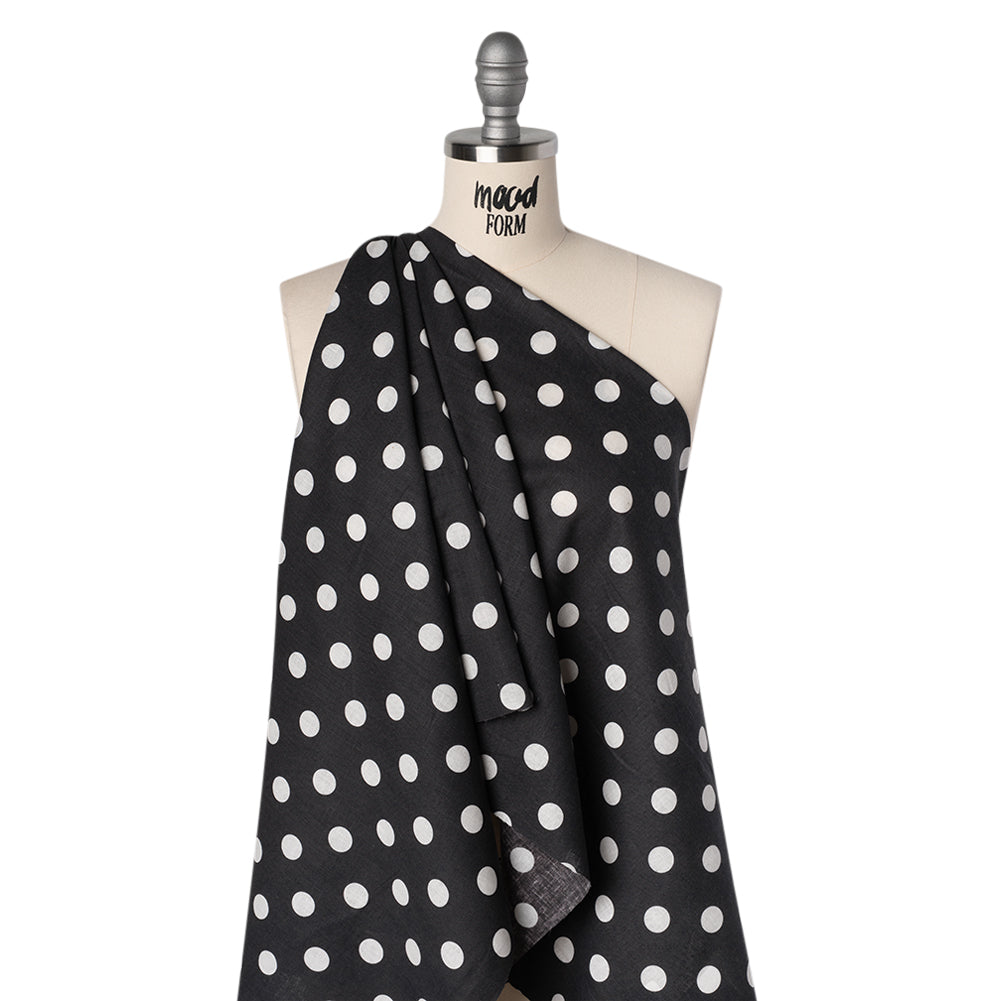 Linen and Cotton Woven Print - Black and Ivory Polka Dots - Famous Australian Designer Deadstock - Drape