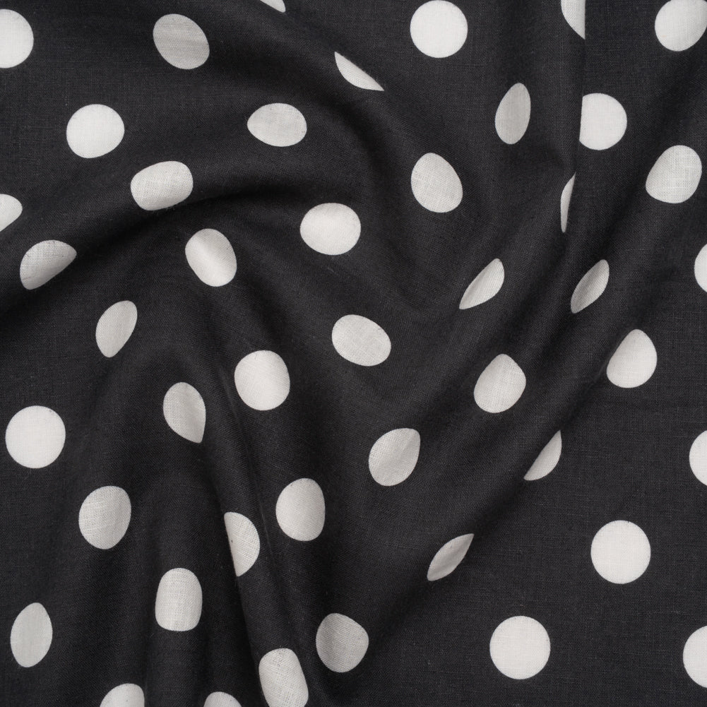 Linen and Cotton Woven Print - Black and Ivory Polka Dots - Famous Australian Designer Deadstock