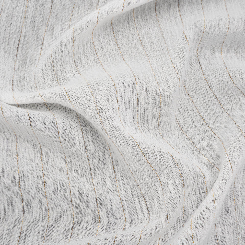 Crinkled Cotton Gauzy Woven with Metallic Pinstripes - White and Gold - Famous Australian Famous Australian Designer Deadstock