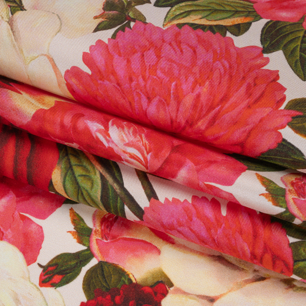 Silk Twill Print - Pink, Red and Ivory Roses - Famous Australian Designer Deadstock - Folded