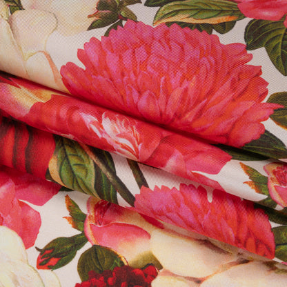 Silk Twill Print - Pink, Red and Ivory Roses - Famous Australian Designer Deadstock