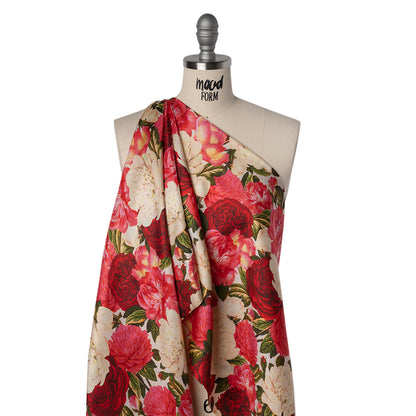 Silk Twill Print - Pink, Red and Ivory Roses - Famous Australian Designer Deadstock