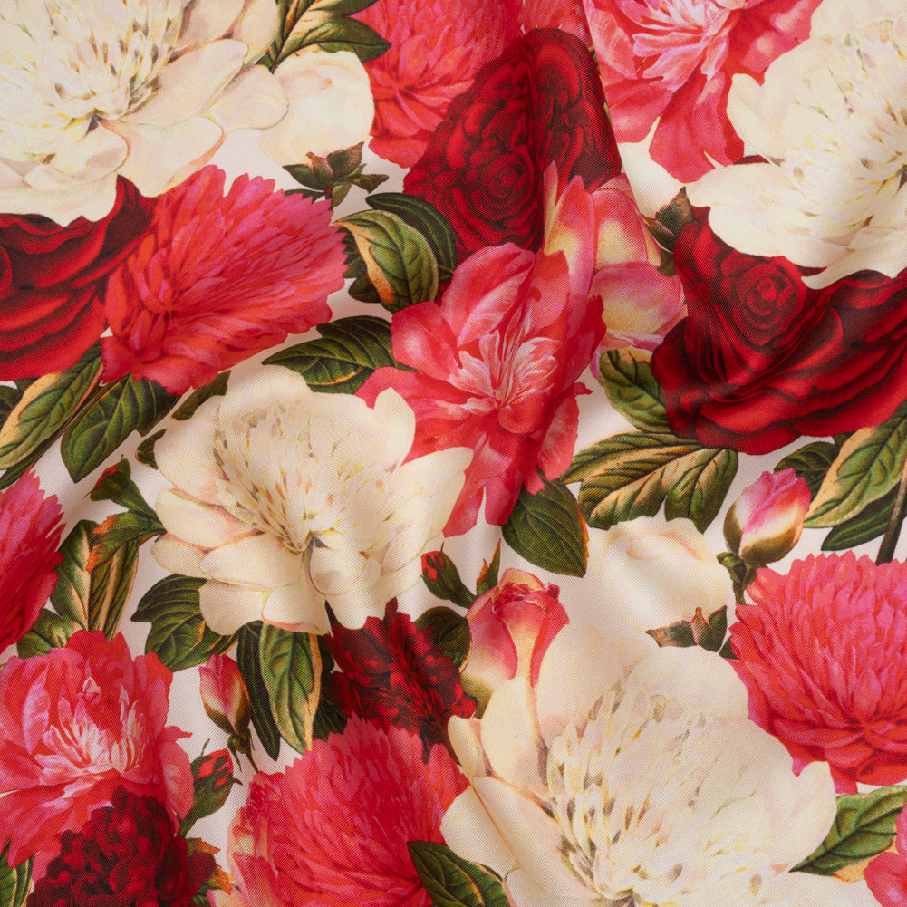 Silk Twill Print - Pink, Red and Ivory Roses - Famous Australian Designer Deadstock
