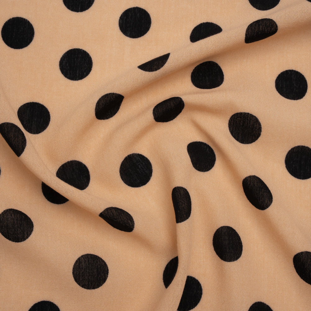 Linen-Look Polyester Woven Print - Black and Beige Polka Dots - Designer Deadstock