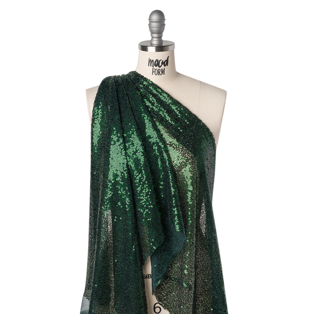Sequined Polyester Tulle - Emerald Green Abstract Squiggles - Designer Deadstock - Drape