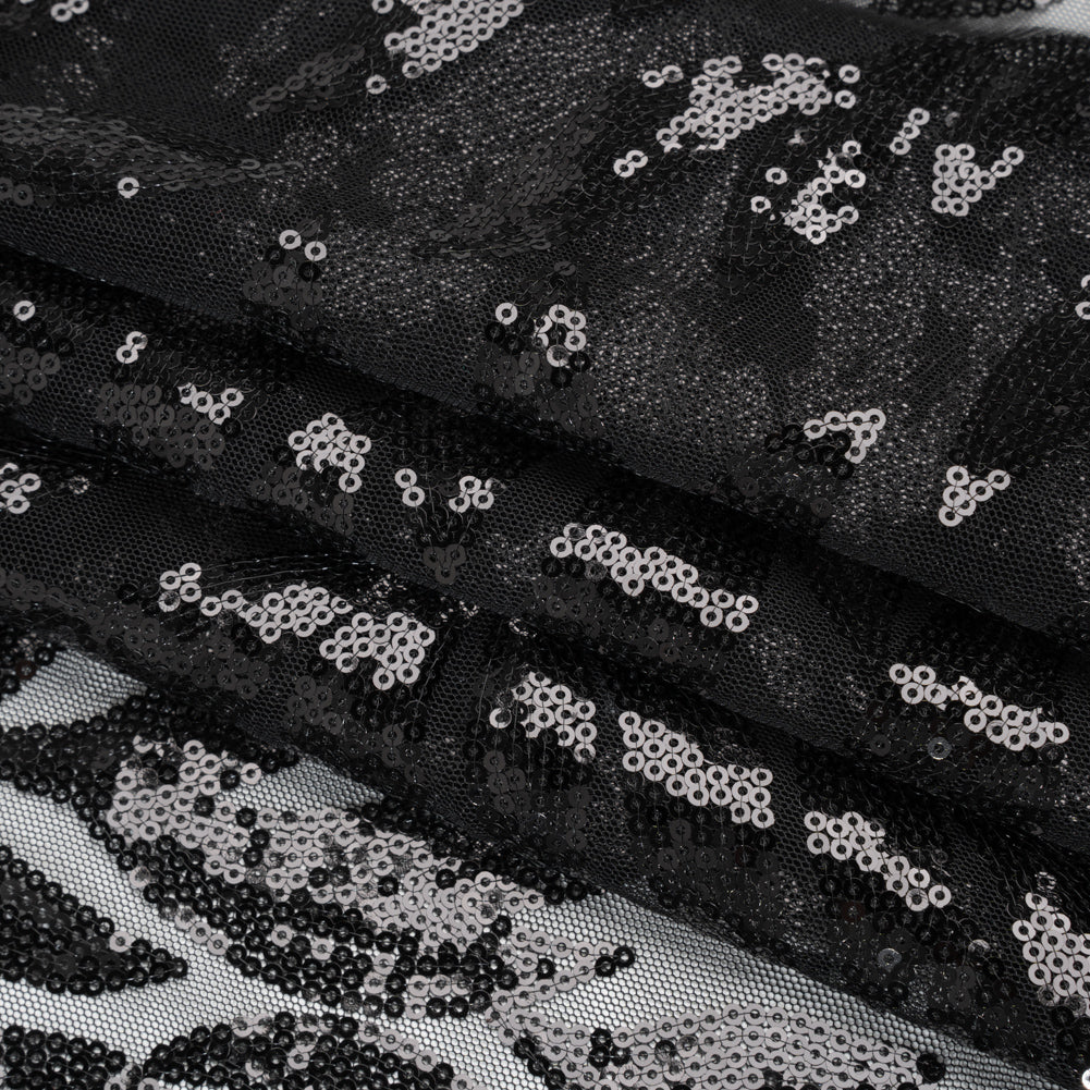 Sequined Polyester Tulle - Black Leaves - Designer Deadstock - Folded