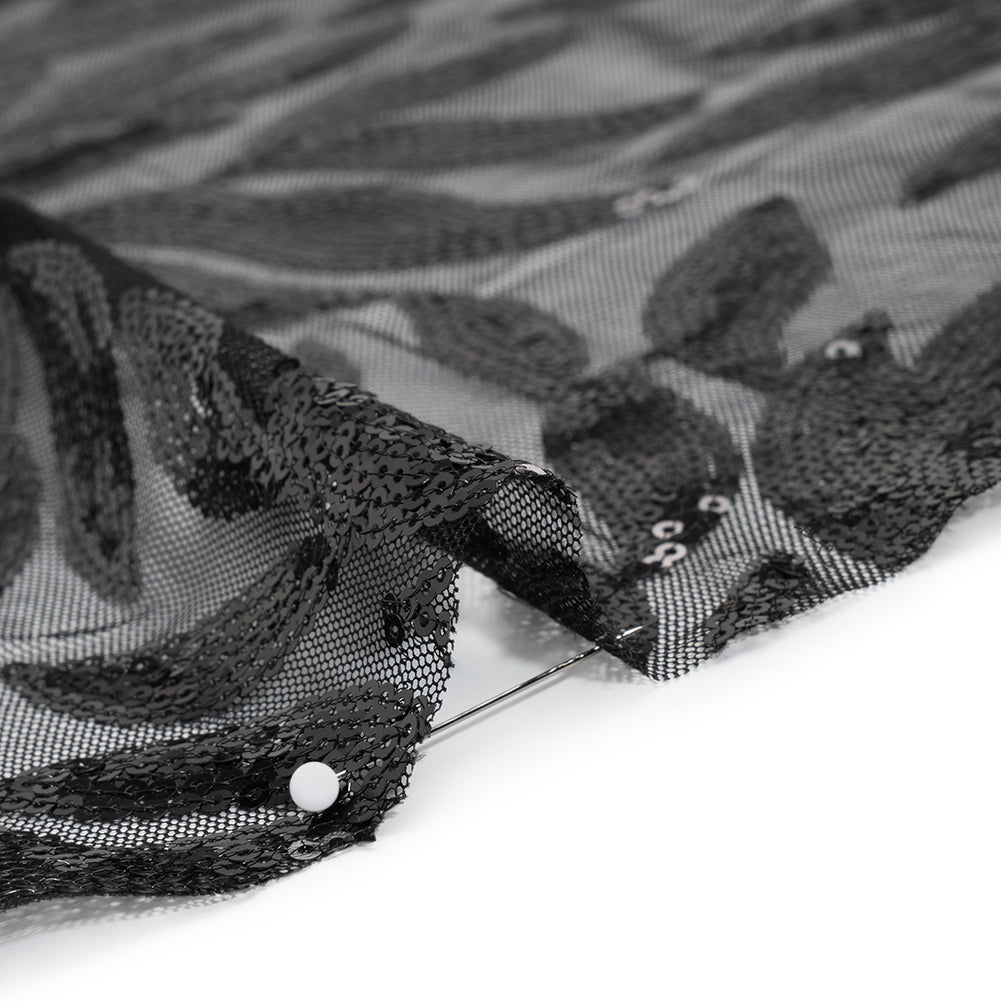 Sequined Polyester Tulle - Black Leaves - Designer Deadstock - Detail