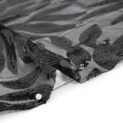 Sequined Polyester Tulle - Black Leaves - Designer Deadstock