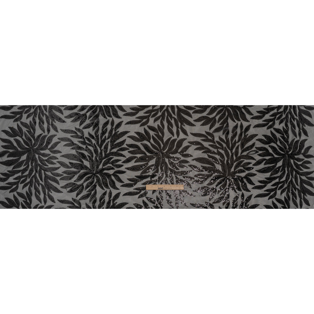 Sequined Polyester Tulle - Black Leaves - Designer Deadstock - Full