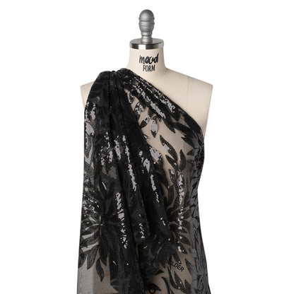 Sequined Polyester Tulle - Black Leaves - Designer Deadstock