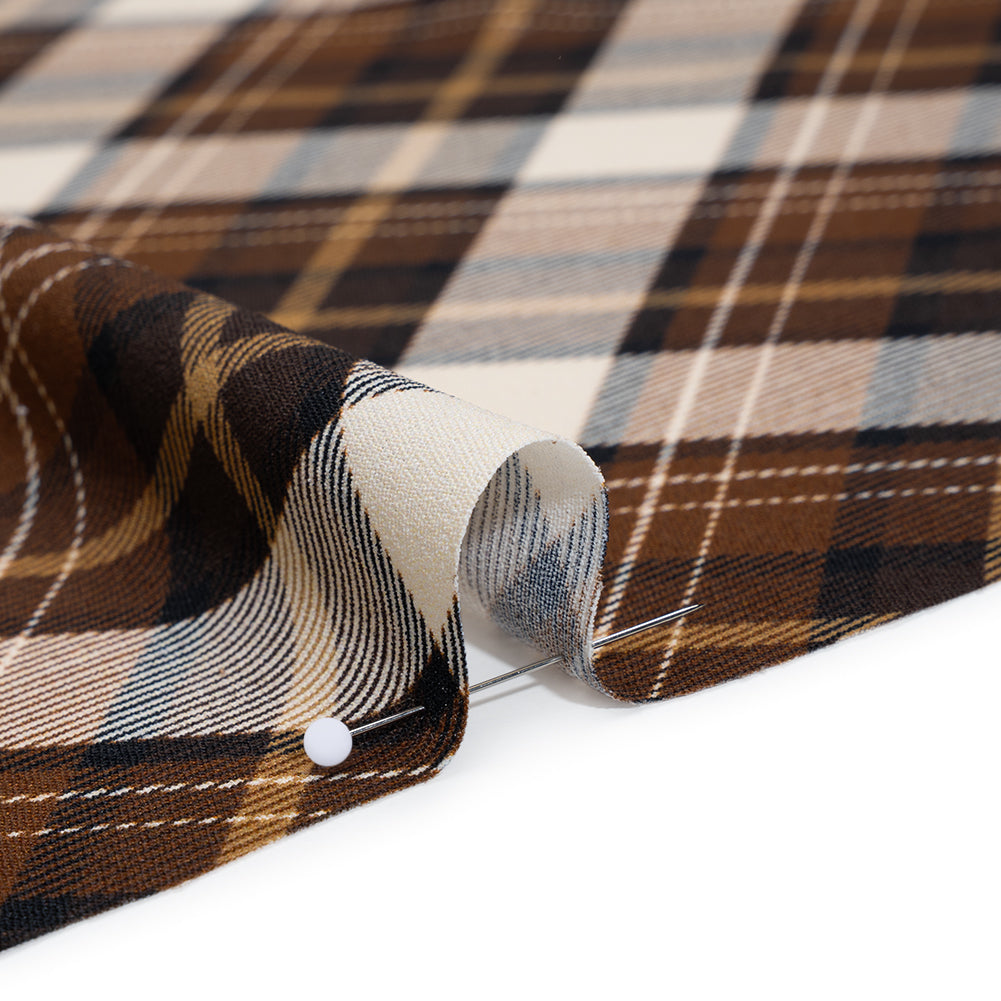 Stretch Polyester Crepe - Brown, Beige and Navy Diagonal Plaid - Designer Deadstock - Detail