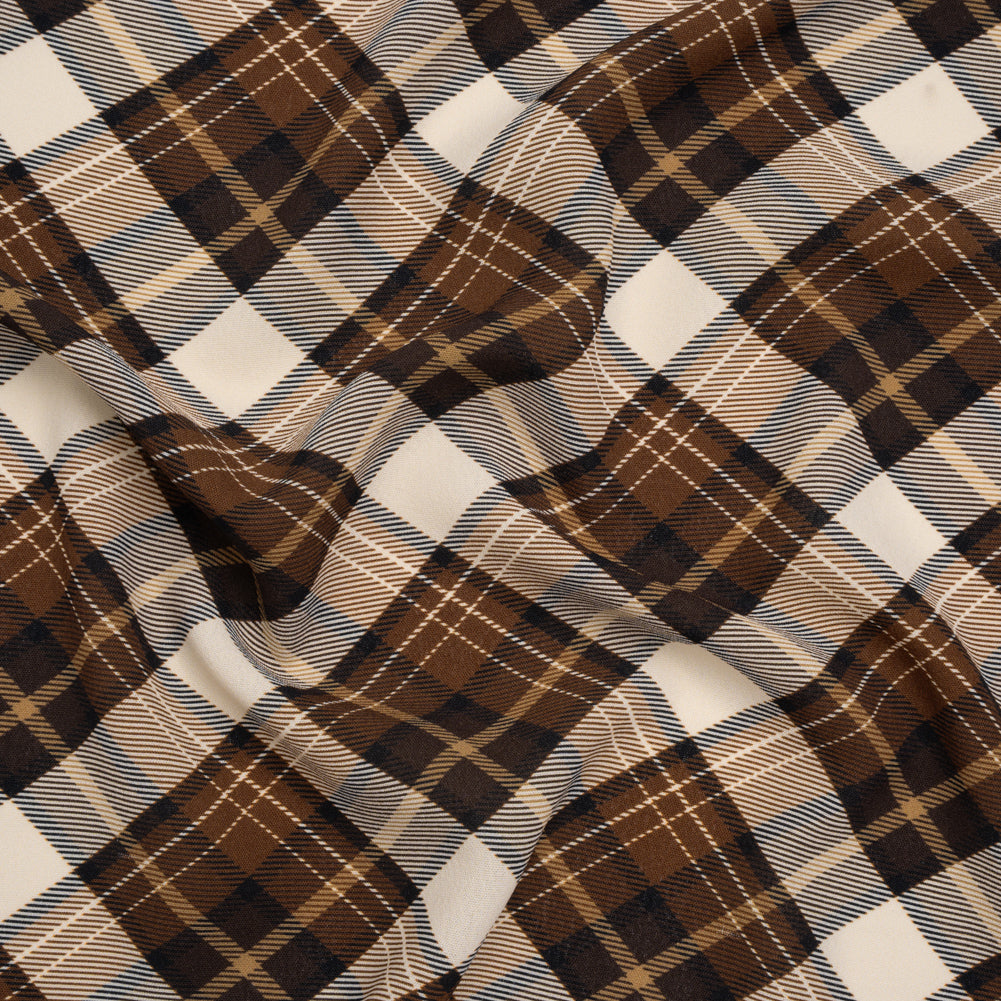 Stretch Polyester Crepe - Brown, Beige and Navy Diagonal Plaid - Designer Deadstock