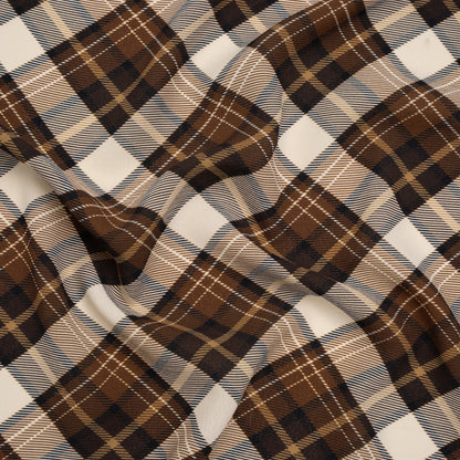 Stretch Polyester Crepe - Brown, Beige and Navy Diagonal Plaid - Designer Deadstock