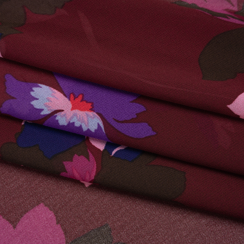Polyester Chiffon Print - Wine Red, Pink and Purple Floral - Designer Deadstock - Folded