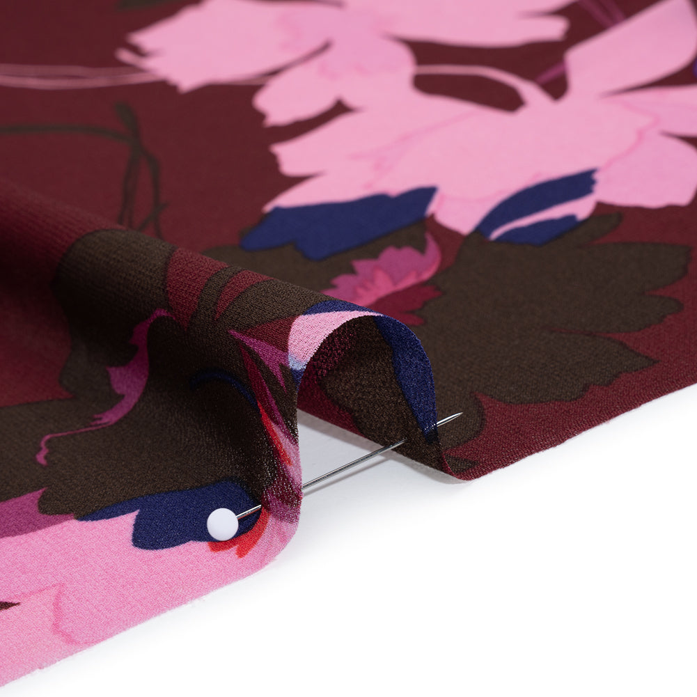 Polyester Chiffon Print - Wine Red, Pink and Purple Floral - Designer Deadstock - Detail