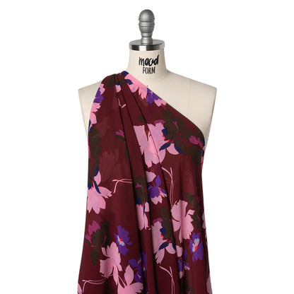 Polyester Chiffon Print - Wine Red, Pink and Purple Floral - Designer Deadstock