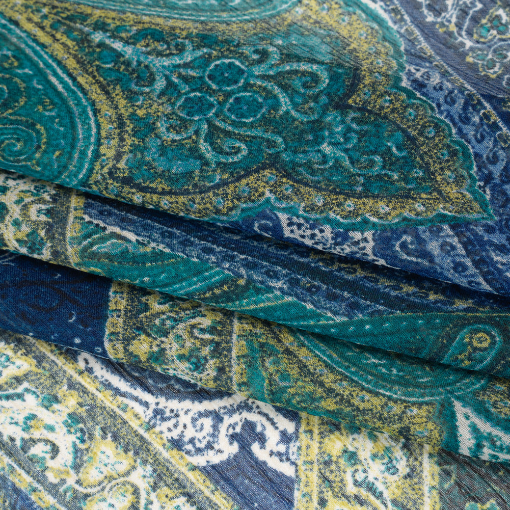 Crinkled Polyester Chiffon Print - Dark Blue, Teal and Olive Ornate Paisley Patchwork - Designer Deadstock - Folded