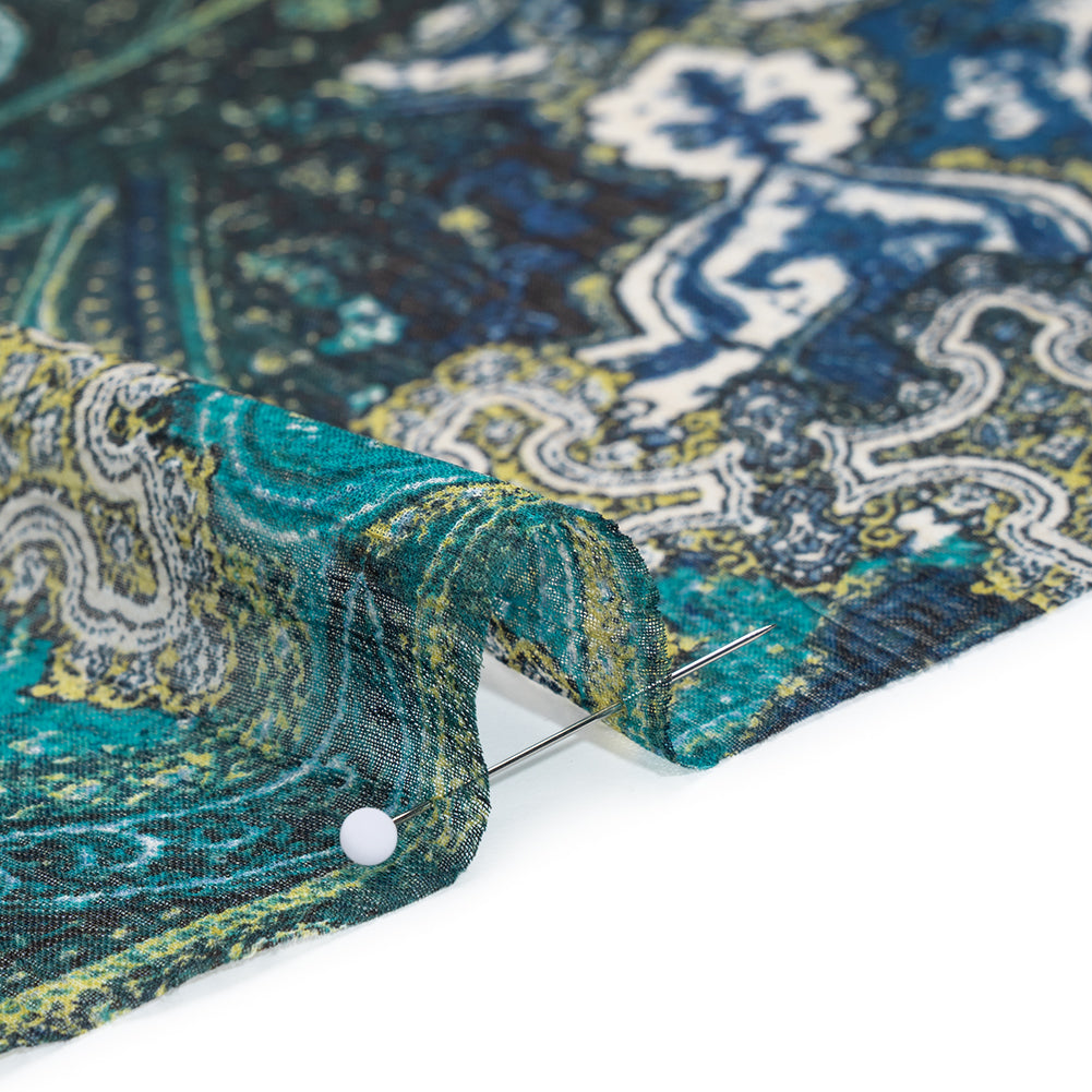 Crinkled Polyester Chiffon Print - Dark Blue, Teal and Olive Ornate Paisley Patchwork - Designer Deadstock - Detail