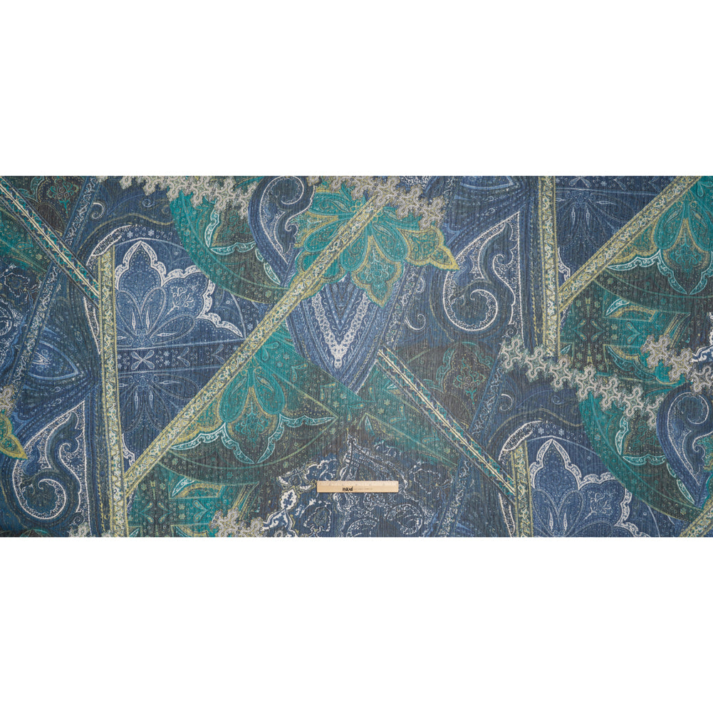 Crinkled Polyester Chiffon Print - Dark Blue, Teal and Olive Ornate Paisley Patchwork - Designer Deadstock - Full