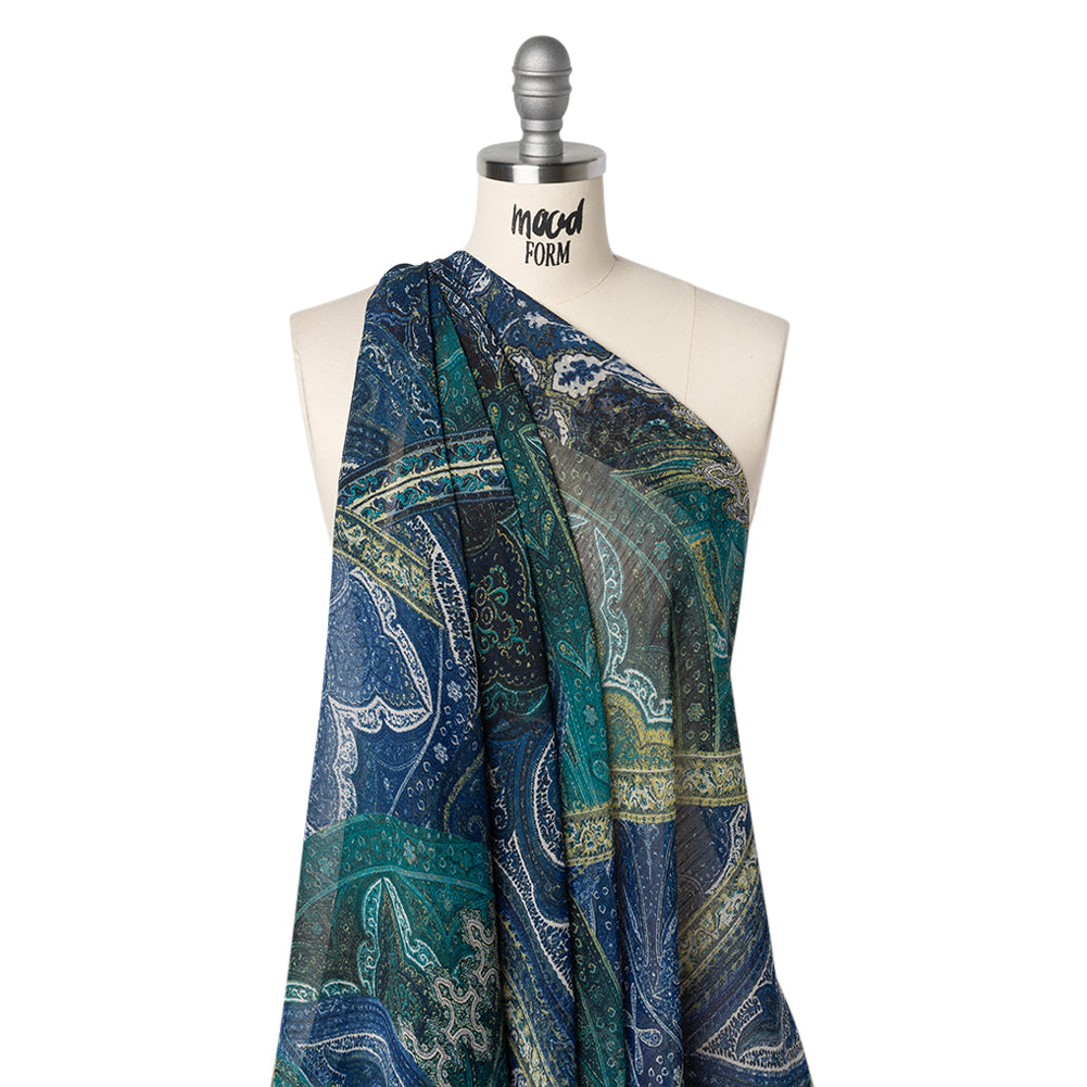 Crinkled Polyester Chiffon Print - Dark Blue, Teal and Olive Ornate Paisley Patchwork - Designer Deadstock - Drape