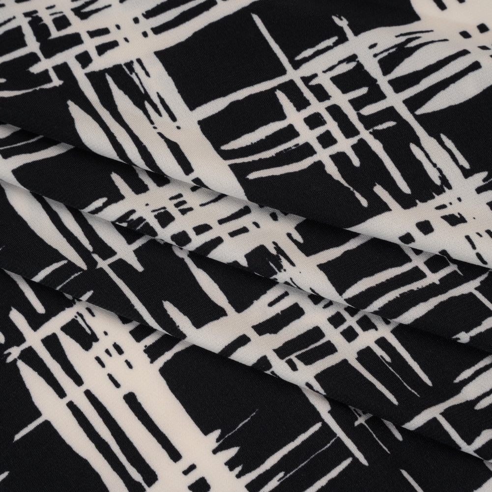Stretch Matte Polyester Jersey Print - Black and White Abstract Hatching - Designer Deadstock - Folded