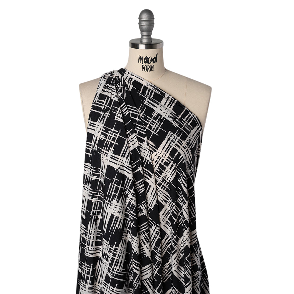 Stretch Matte Polyester Jersey Print - Black and White Abstract Hatching - Designer Deadstock - Drape