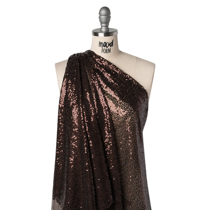 Sequined Polyester Tulle - Chocolate Brown Abstract Squiggles - Designer Deadstock