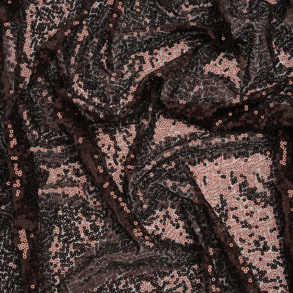Sequined Polyester Tulle - Chocolate Brown Abstract Squiggles - Designer Deadstock