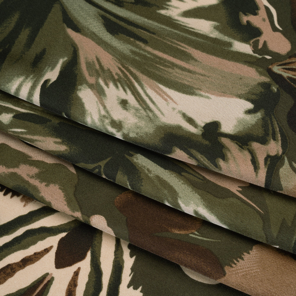 Polyester Charmeuse Print - Dark Olive, Brown and Beige Floral with Abstract Borders - Designer Deadstock - Folded