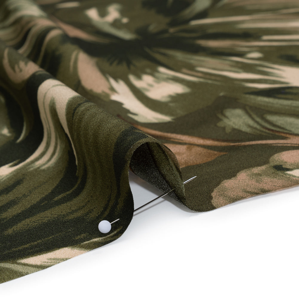 Polyester Charmeuse Print - Dark Olive, Brown and Beige Floral with Abstract Borders - Designer Deadstock - Detail
