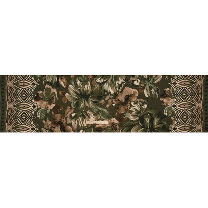 Polyester Charmeuse Print - Dark Olive, Brown and Beige Floral with Abstract Borders - Designer Deadstock