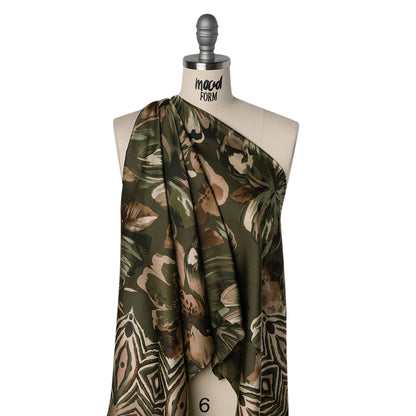 Polyester Charmeuse Print - Dark Olive, Brown and Beige Floral with Abstract Borders - Designer Deadstock